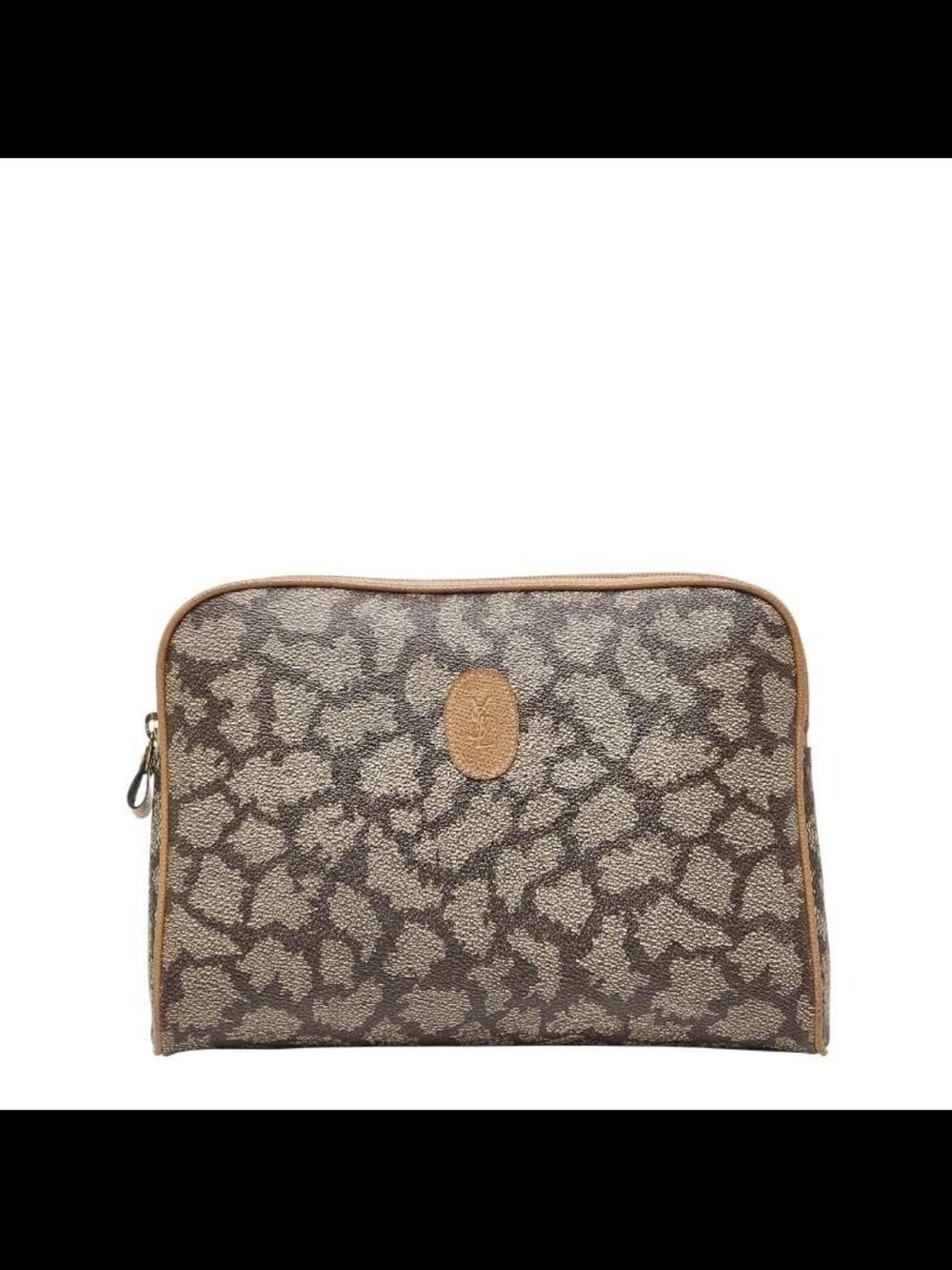 Yves Saint Laurent Brown Patterned Cosmetic Pouch with Tan Trim